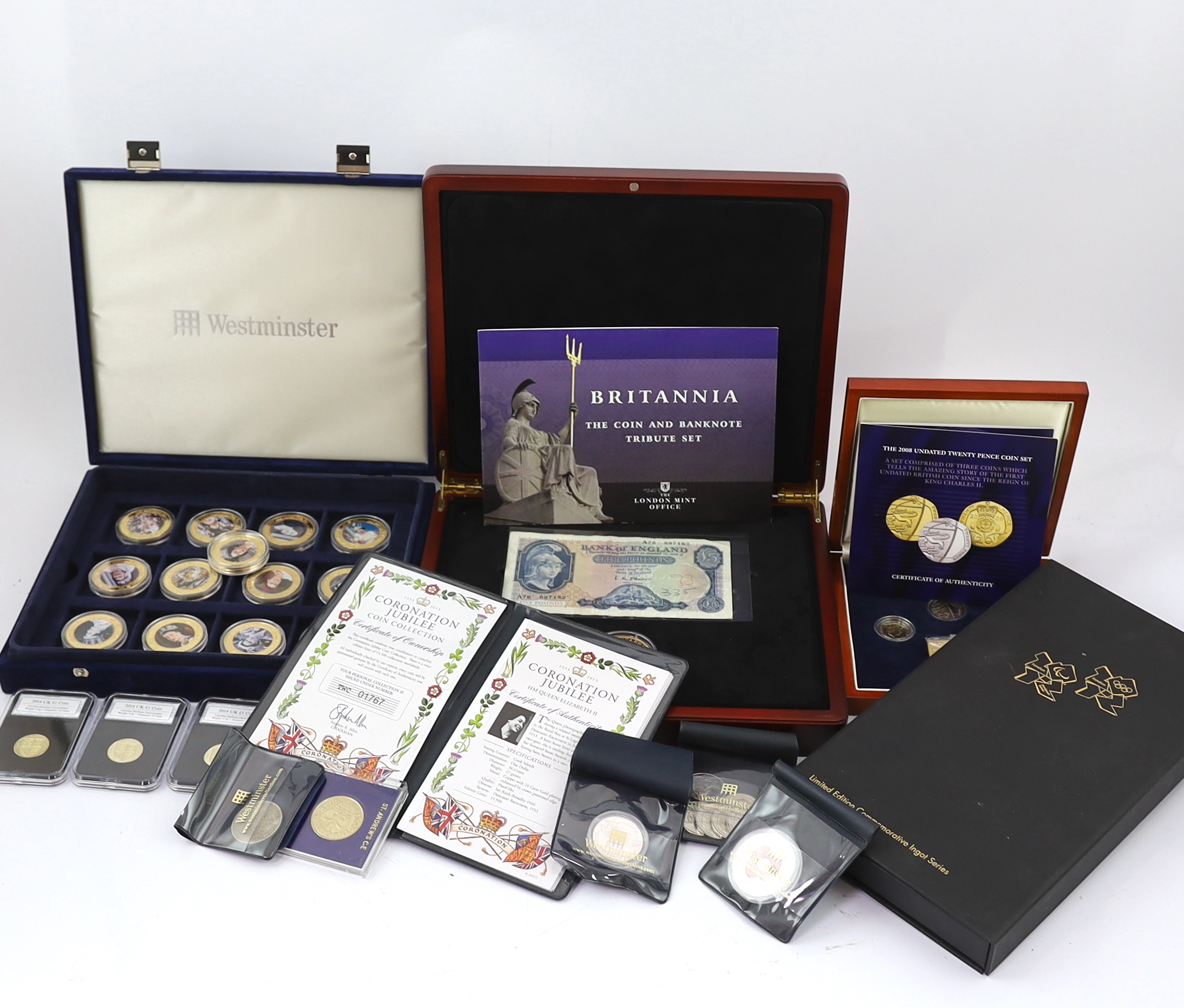 QEII coin issues - The London Mint office Britannia £5 coin and banknote tribute set, The 2008 & undated 20p coin set French, changing face of Britain’s coinage national emblems edition, Royal Mint 2012 Olympics 50p cycl